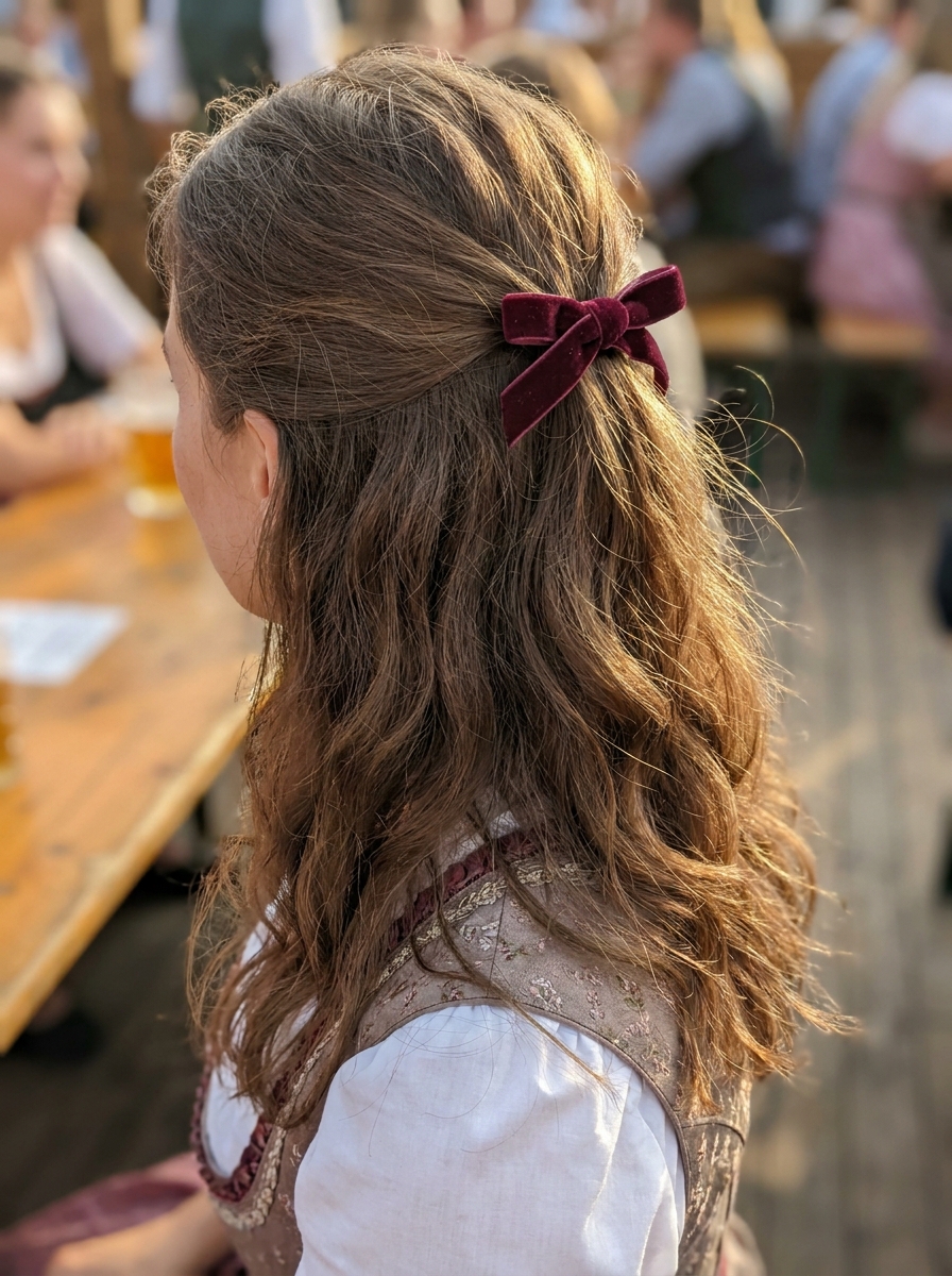 Romantic Wavy Half-Up mit Samtschleife als Dirndlfrisuren Inspiration 2026